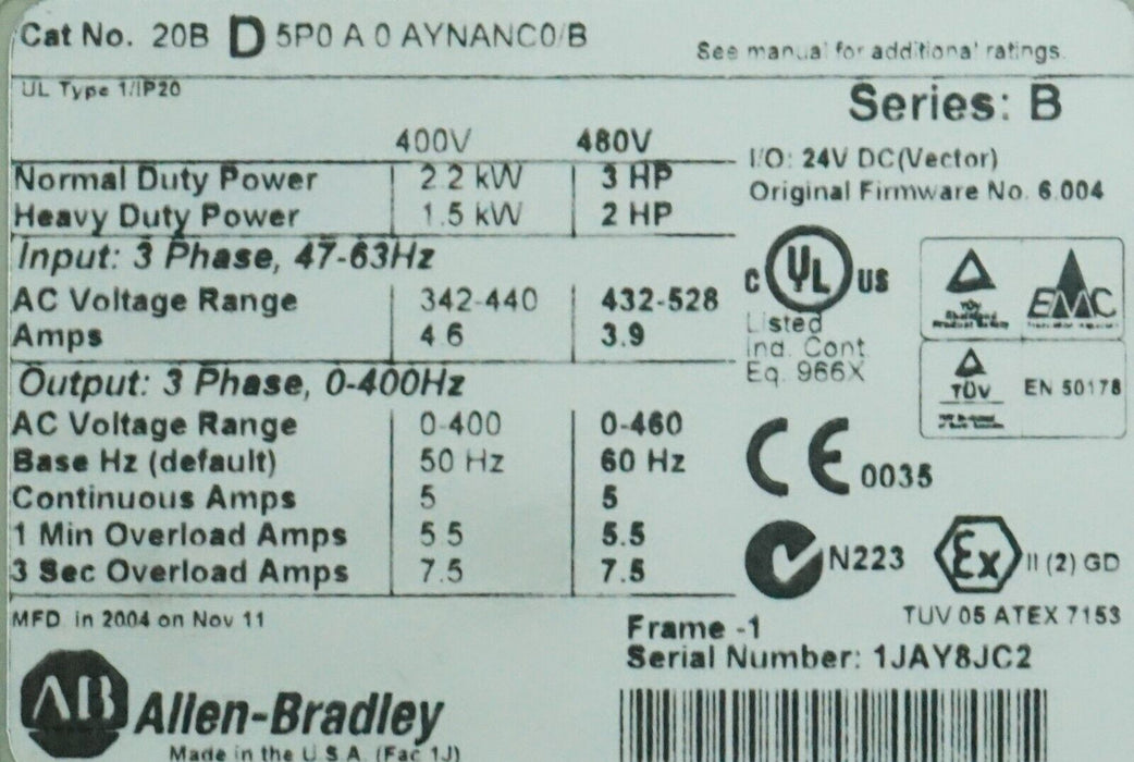 Low Hours Allen-Bradley 20BD5P0A0AYNANC0/B PowerFlex 700 3HP 480 VAC FRN:6.004