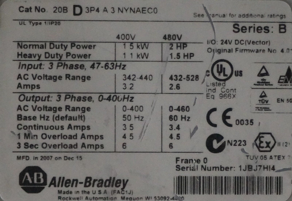 Allen-Bradley PowerFlex 700 3HP 20BD3P4A3NYNAEC0 Power Supply FRN:4.01