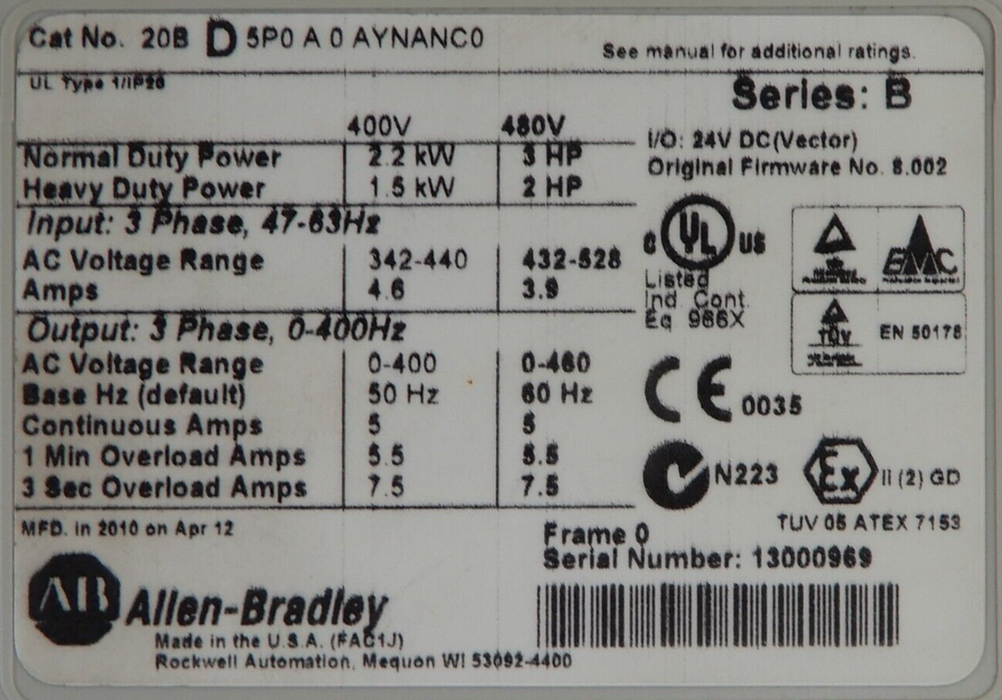 Low Hours Allen Bradley 20BD5P0A0AYNANC0 /B PowerFlex 700 3HP 480 VAC FRN:8.002