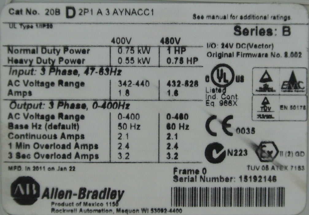 New Zero Run Hours Allen-Bradley PowerFlex 700 1HP 20BD2P1A3AYNACC1 480 VAC