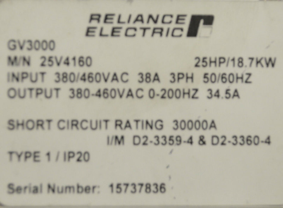 Reliance Electric GV3000 25 Hp 25V4160 Ver. 6.09 AC Drive Tested Good