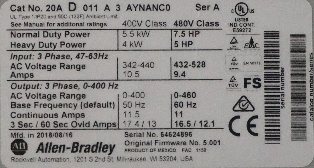 Allen Bradley PowerFlex 70 7.5HP 20AD011A3AYNANC0 480VAC Tested FRN:5.001