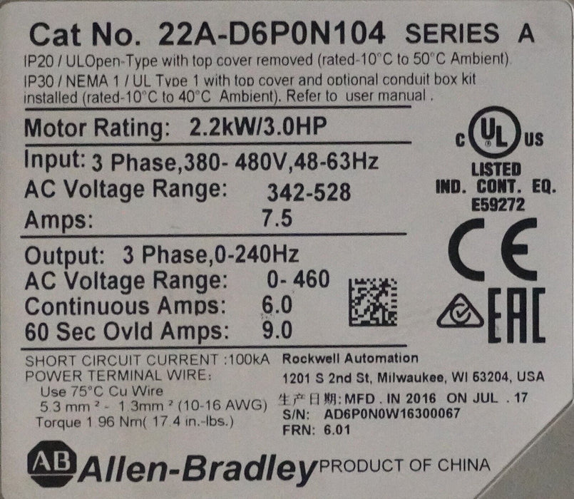 Zero Run Hours Allen-Bradley PowerFlex 4 22A-D6P0N104 3HP FRN:6.01 Series A