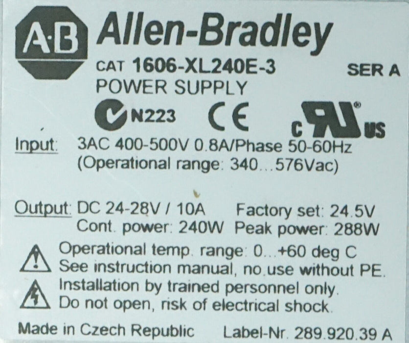 Allen-Bradley 1606-XL DC Power Supply 1606-XL240E-3 Ser. A 240W