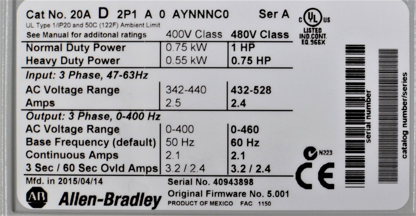 2015 - 20AD2P1A0AYNNNC0 /A PowerFlex 70  AC Drive, 480 VAC, 3 PH, 2.1 Amps, 1 HP