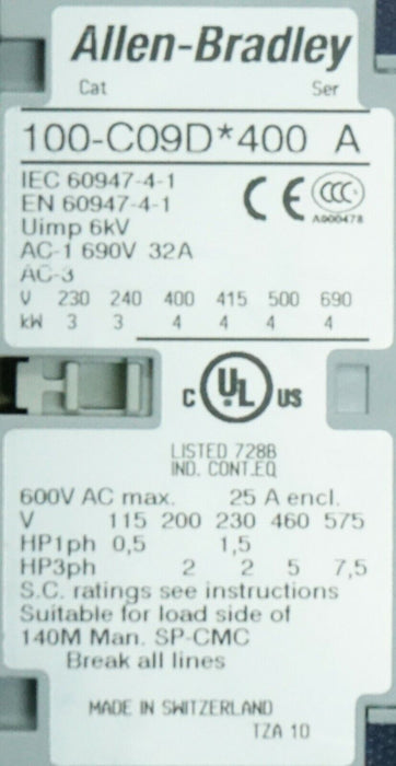 Allen Bradley 100-C09D*400 with 100S-F Contactor / 3-Phase IEC Rated Contactor