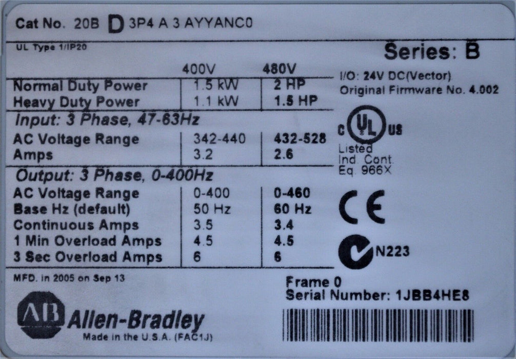 Allen-Bradley PowerFlex 700 2 HP 20BD3P4A3AYYANC0 480 VAC Very Clean Tested Good