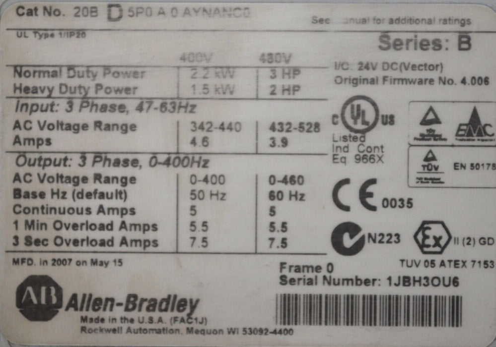 Allen-Bradley 20BD5P0A0AYNANC0 PowerFlex 700 3 HP 480 VAC Firmware 4.006