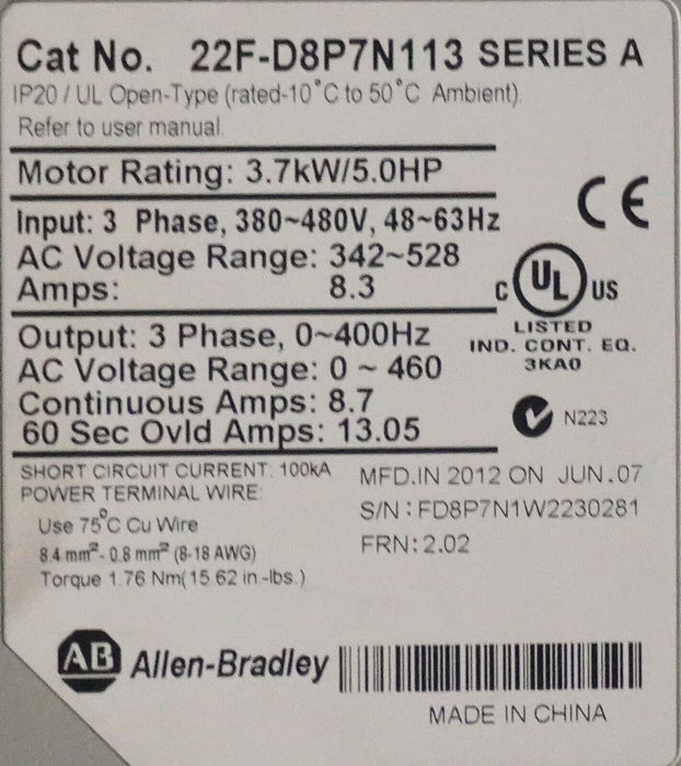 Allen-Bradley 22F-D8P7N113 Series A PowerFlex 4M AC Drive 5HP FRN:2.02 Tested