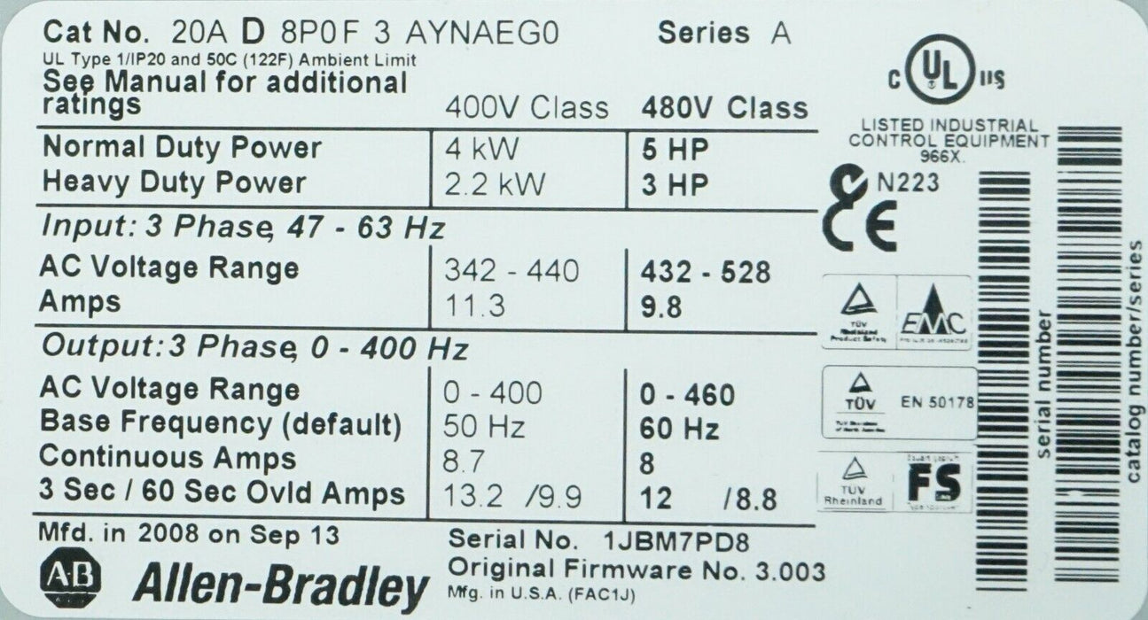 New Allen-Bradley PowerFlex 70 5 HP 20AD8P0F3AYNAEG0 480 VAC FRN:3.003