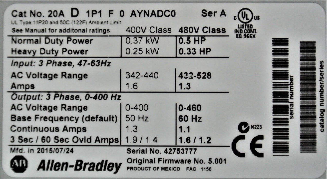 New 2015 Allen-Bradley PowerFlex 70 1/2 HP 20AD1P1F0AYNADC0 480 VAC W/ 20-Comm-D