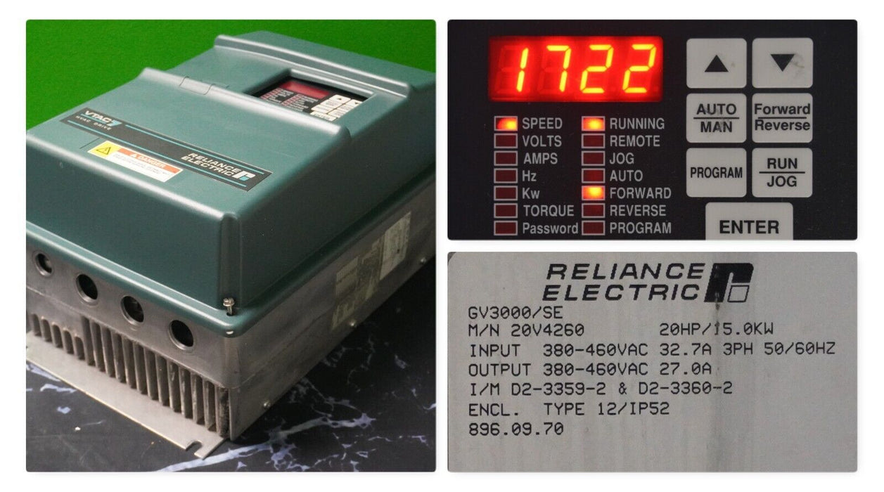 RELIANCE ELECTRIC GV3000/SE 20 HP 20V4260 SENSORLESS Enhanced Tested Good