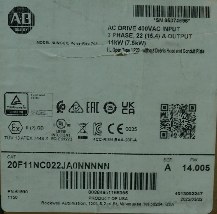 New Allen-Bradley PowerFlex 753 20F11NC022JA0NNNNN 15HP 480VAC FRN:14.005