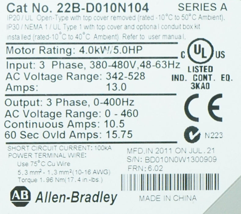 2011 Allen-Bradley 5HP Powerflex40 22B-D010N104 Series A Tested Good FRN 6.02