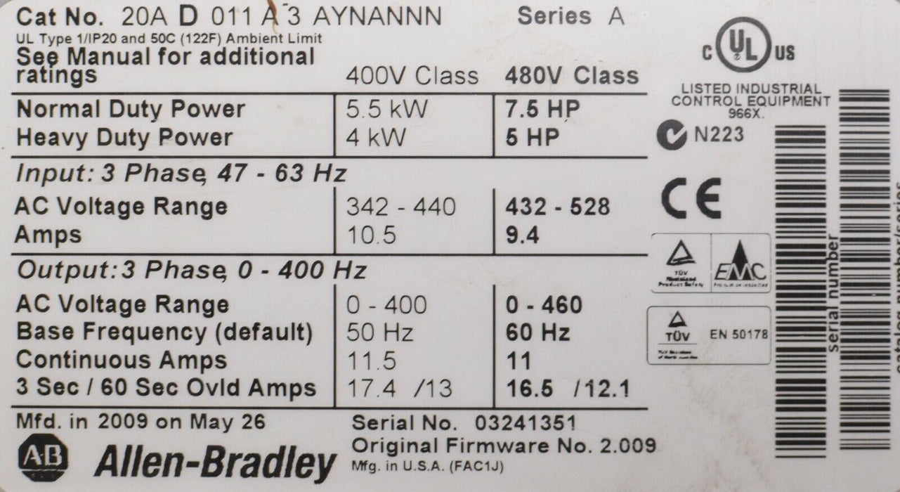 Allen-Bradley PowerFlex 70  7.5 HP 20AD011A3AYNANNN 480 VAC FRN. 2.009