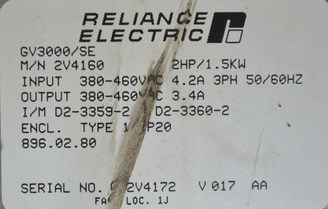 RELIANCE ELECTRIC GV3000 2 HP 2V4160 VER 6.01 INVERTER TESTED GOOD No Cover