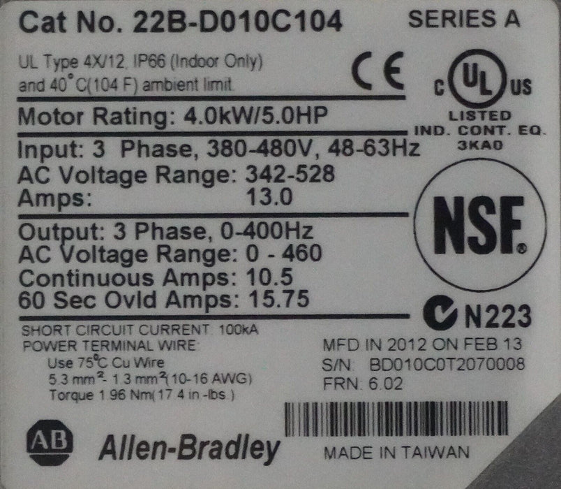 Allen-Bradley 22B-D010C104 5 HP Powerflex40 Ser. A FRN:6.02 Tested Good Clean