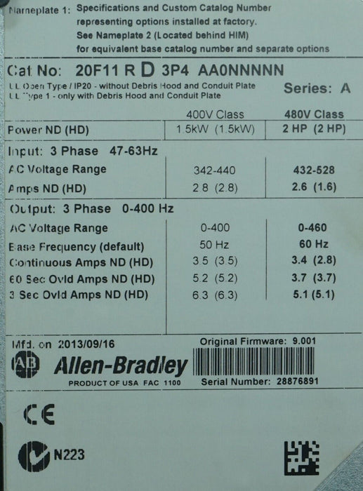 Low Hr Allen Bradley PowerFlex 753 20F11RD3P4AA0NNNNN 2HP Tested Good FRN:9.001