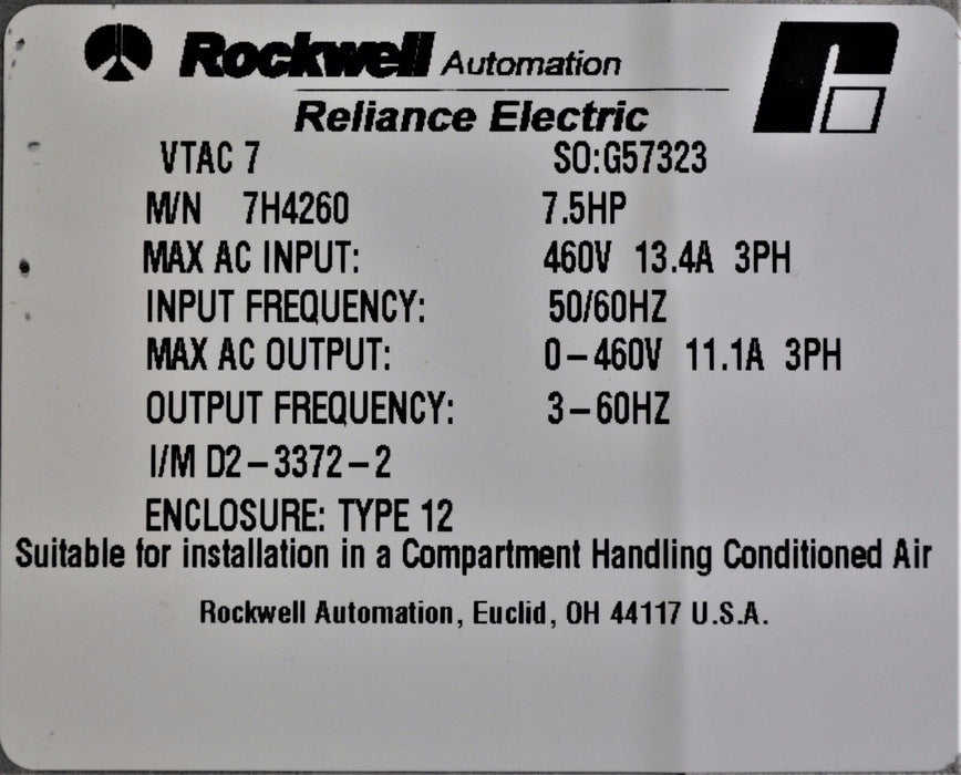 RELIANCE ELECTRIC GV3000/SE 7.5 HP 7V4260 FIRMWARE 6.07 AC DRIVE TESTED GOOD