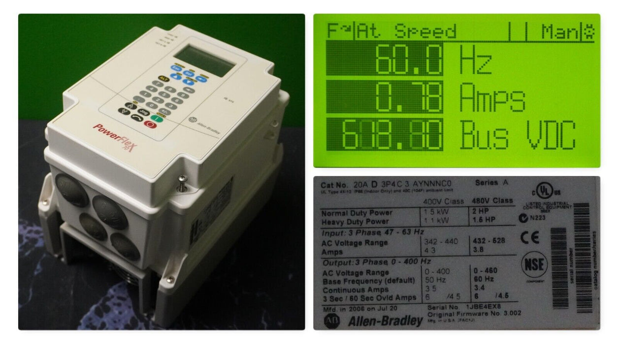 Low Hr Allen-Bradley 20AD3P4C3AYNNNC0 PowerFlex 70 2HP Drive Series A FRM:3.002