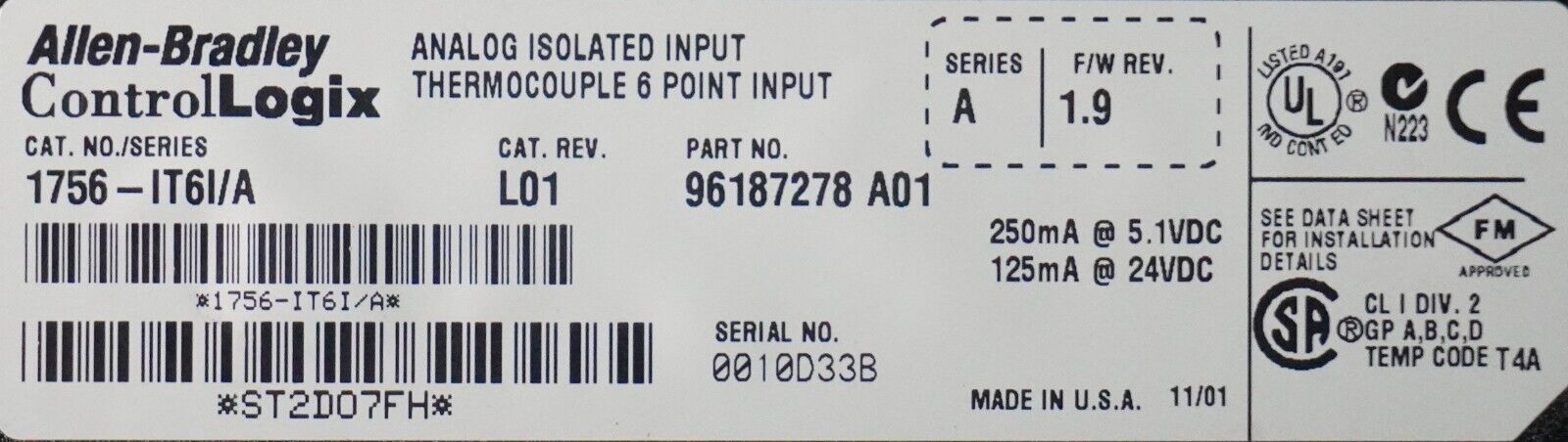 Allen Bradley 1756-IT6I ControlLogix 6 Point Isolated TC In Module Ser A FW 1.9