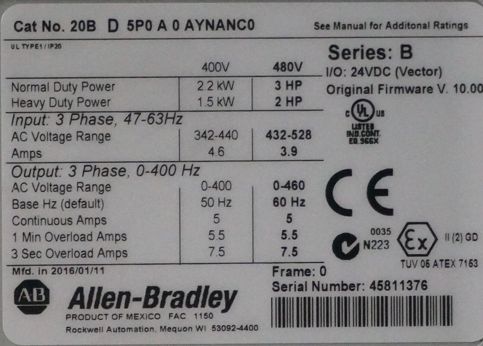 Low Hr Allen-Bradley PowerFlex 700 3 HP 20BD5P0A0AYNANC0 480 VAC Firmware:10.002