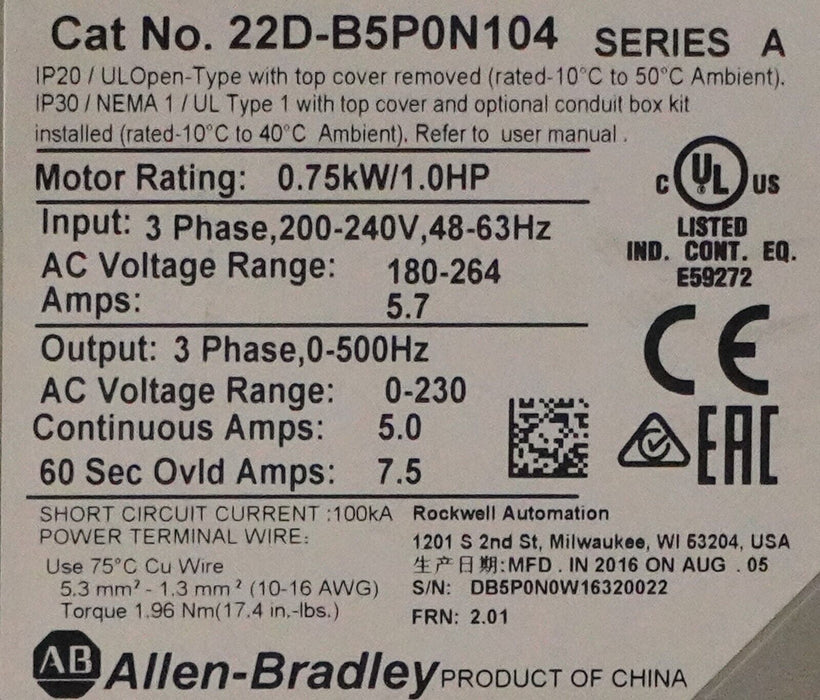 Allen-Bradley 22D-B5P0N104 PowerFlex 40P Drive 1 HP Series A Tested FRN:2.01