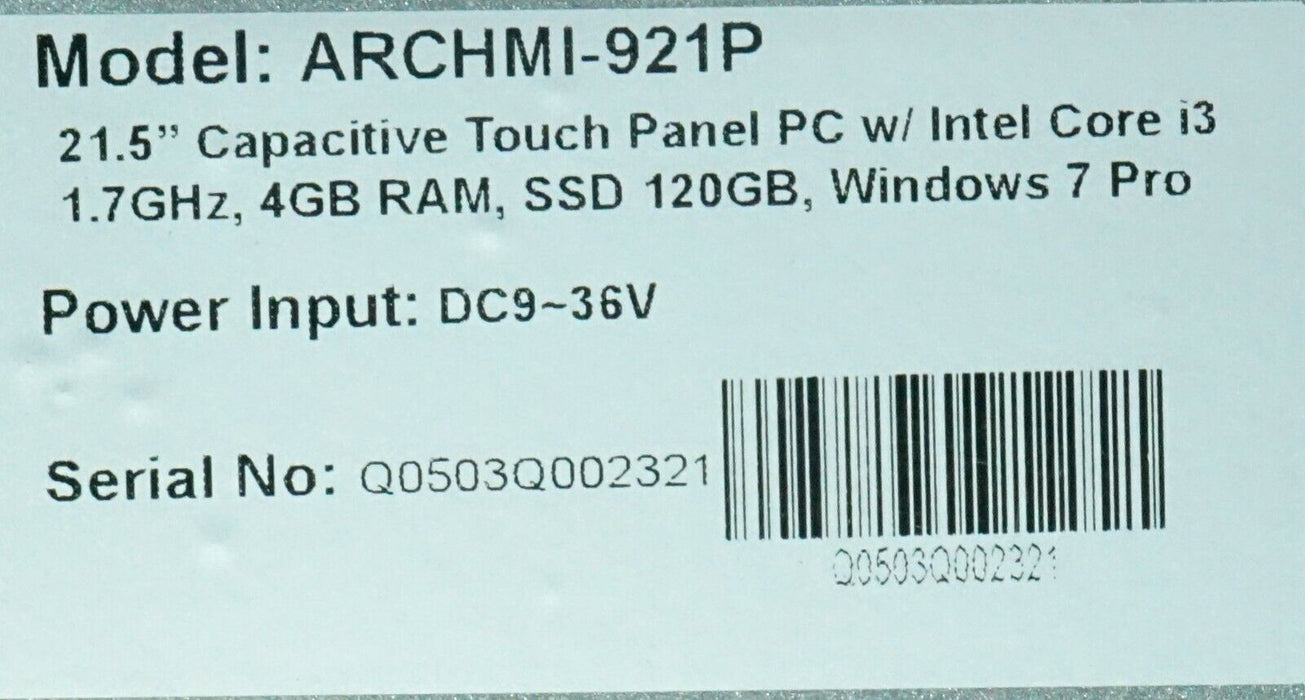 ARCHMI-921P Capacitive Touch Panel w/ Intel Core i3 1.7GHz, 4GB RAM, SSD 120GB