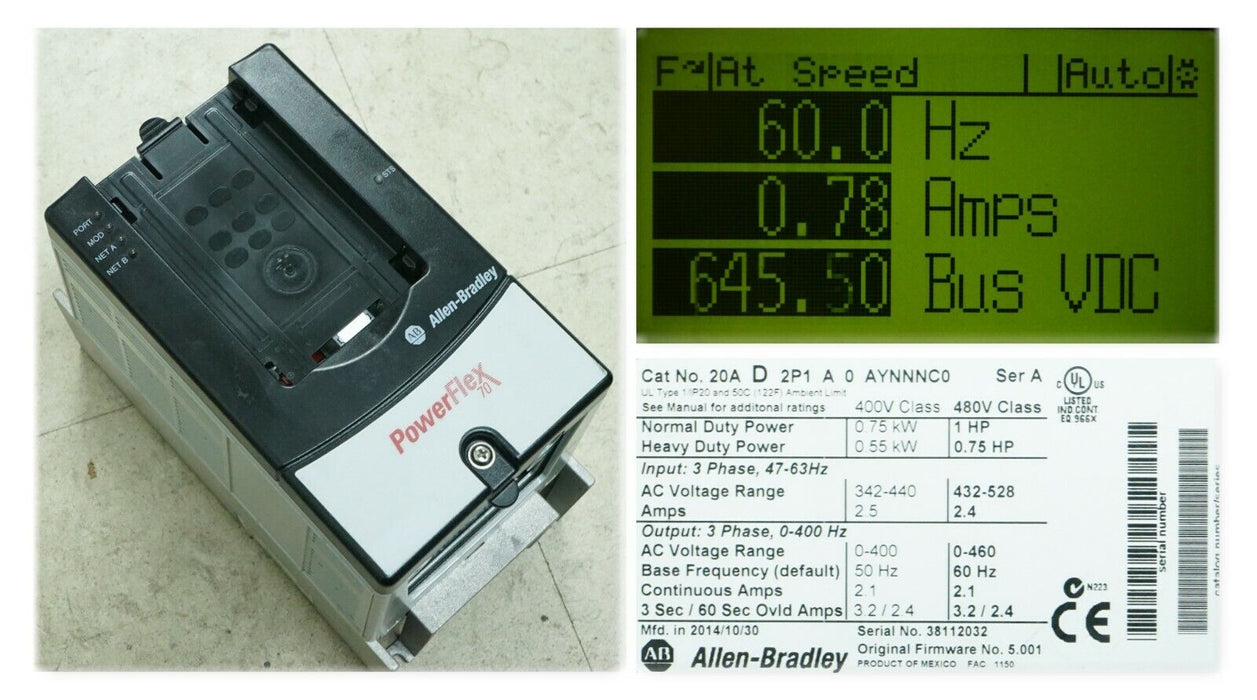 Allen-Bradley PowerFlex 70 1 HP 20AD2P1A0AYNNNC0 480 VAC FRN 5.001 Tested Good