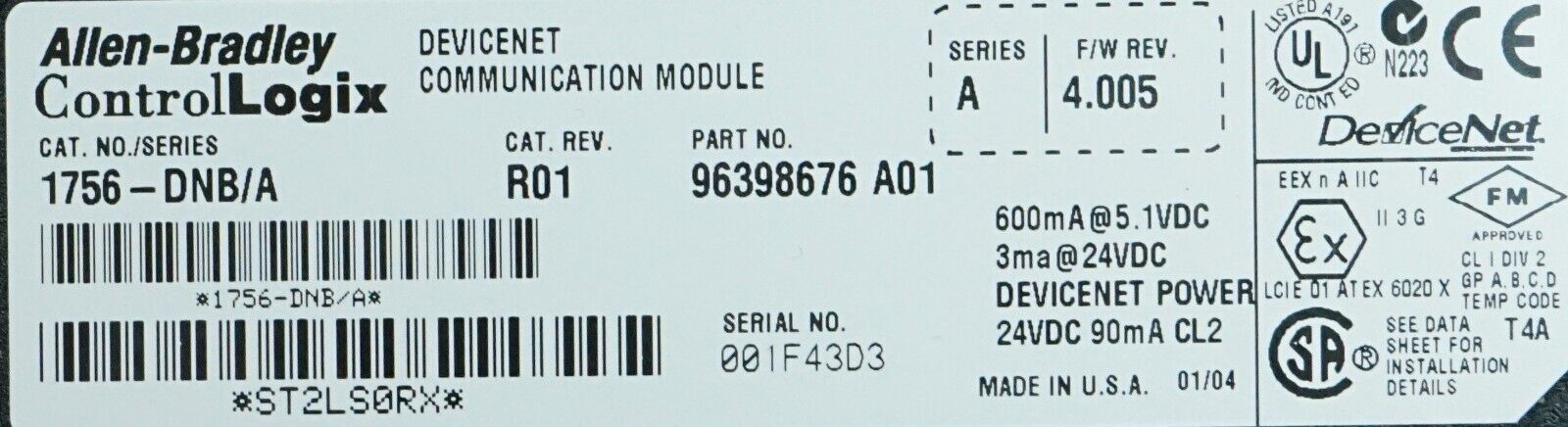 Allen-Bradley 1756-DNB/A FRN:4.005 Devicenet Communication Bridge Module