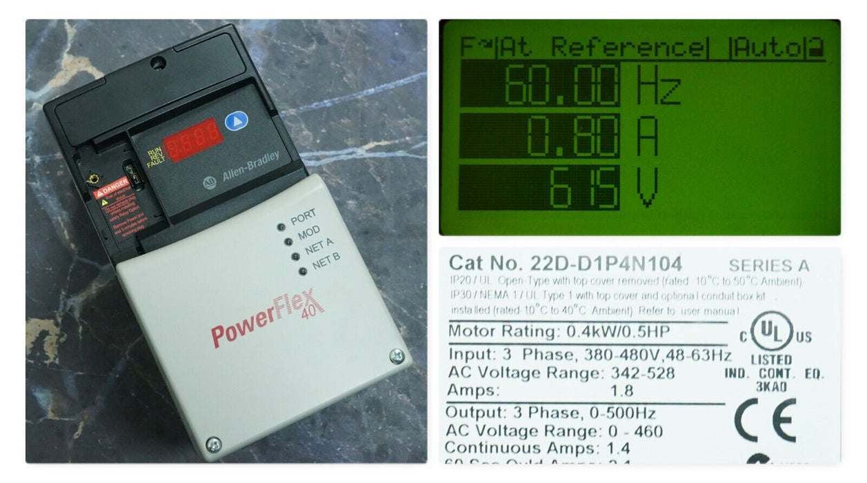 Low Hour Allen-Bradley Powerflex 40P 22D-D1P4N104 1/2HP FRN:2.01 Tested