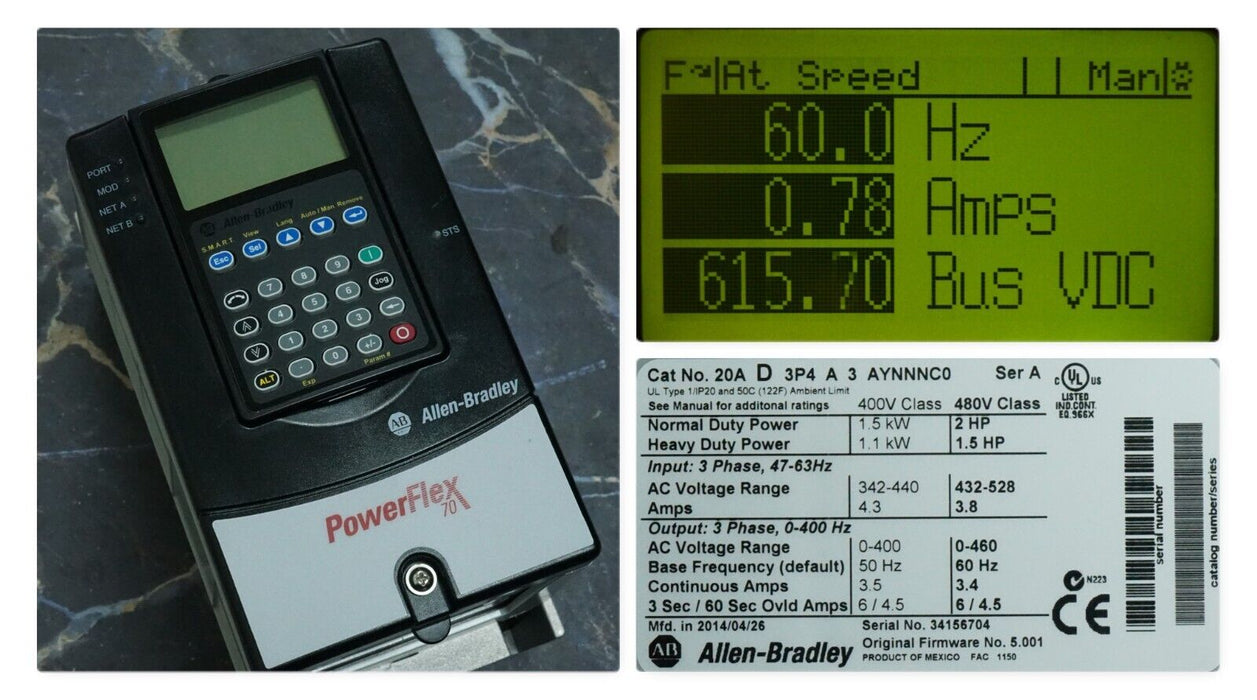 Low Hrs Allen-Bradley PowerFlex 70 2HP 20AD3P4A3AYNNNC0 480 VAC Tested FRN:5.001