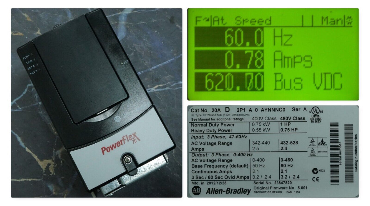 Low Hrs Allen-Bradley 20AD2P1A0AYNNNC0 PowerFlex70 1HP Ser. A FRN:5.001 Tested