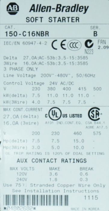 Allen-Bradley 150-C16NBR Series B SMC-3 Motor Controller 16A 480V 24V AC/DC