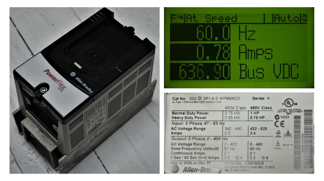 Allen-Bradley PowerFlex 70 1 HP 20AD2P1A0AYNNNC0 480 VAC FRN 3.003 Tested Good