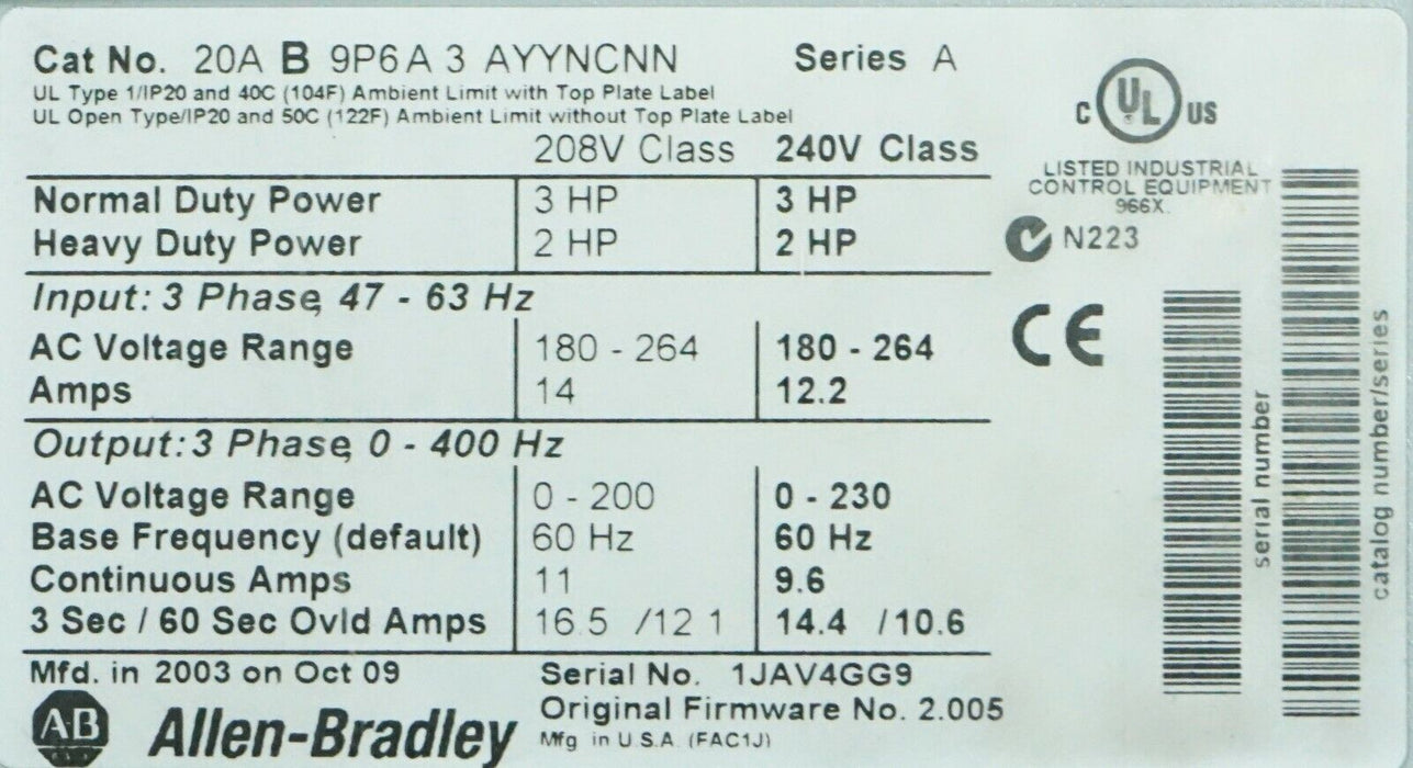 New Allen-Bradley PowerFlex 70 3HP 20AB9P6A3AYYNCNN FRN:2.005