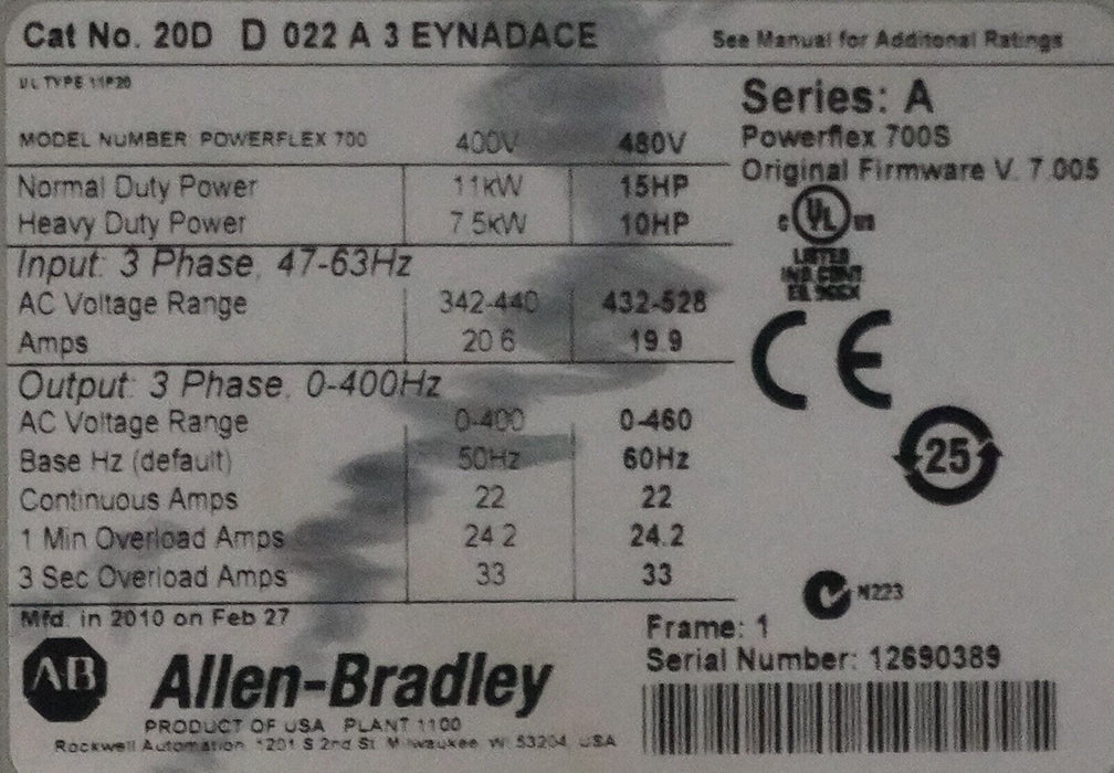 Allen Bradley 20AD022A3EYNADACE Powerflex 700S Power Supply 15HP FRN:7.005