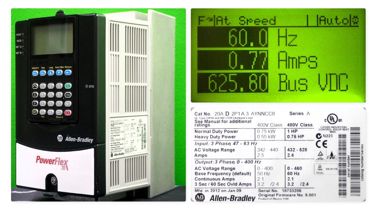 Allen-Bradley 20AD2P1A3AYNNCC0 PowerFlex70 1HP 480VAC FRN:5.001 Tested