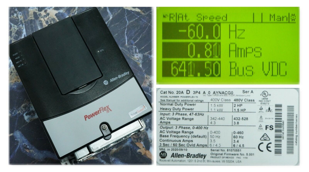 2020 Low Hr Allen-Bradley PowerFlex 70 2 HP 20AD3P4A0AYNACG0 480 VAC FRN 5.001