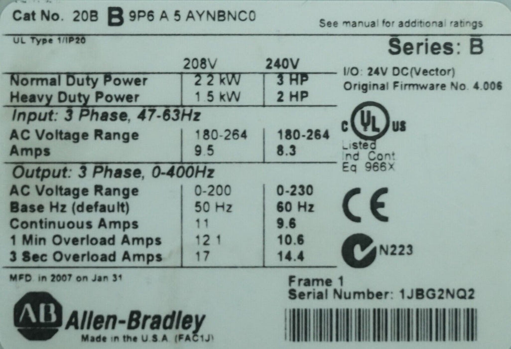 Low Hr Allen Bradley PowerFlex 700 3HP 20BB9P6A5AYNBNC0 240VAC Tested FRN:4.006