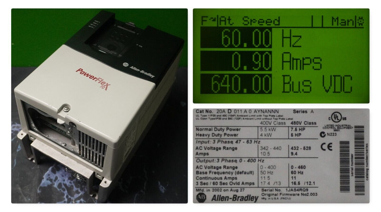 Allen-Bradley PowerFlex 70 7.5 HP 20AD011A0AYNANNN 480 VAC Tested Good FRN:2.003