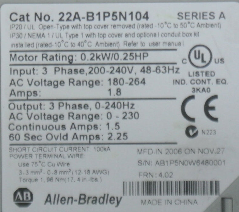 Low Hours Allen Bradley 22A-B1P5N104 /A POWERFLEX 4 AC Drive 1/4HP FRN:4.02