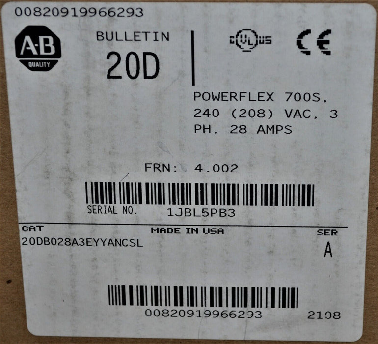 New Allen-Bradley Powerflex 700S 20DB028A3EYYANCSL 10 HP  Series A FRN: 4.002