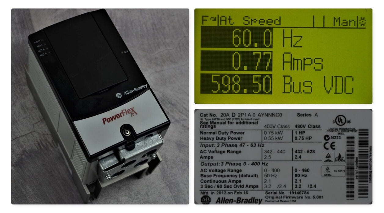 Low Hours Allen-Bradley 20AD2P1A0AYNNNC0 PowerFlex70 1HP Ser. A FRN:5.001 Tested