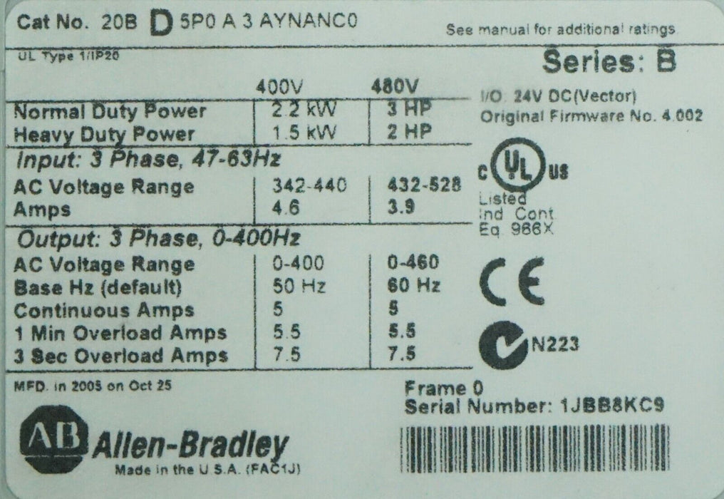 Allen-Bradley 20BD5P0A3AYNANC0 PowerFlex 700 3HP 480 VAC FRN:4.002