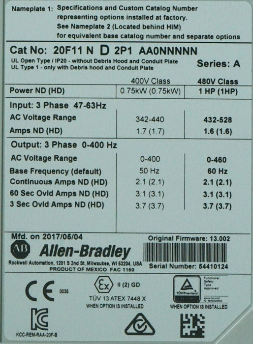 Low Hours Allen-Bradley PowerFlex 753 20F11ND2P1AA0NNNNN 1 HP 480 VAC FRN 13.002