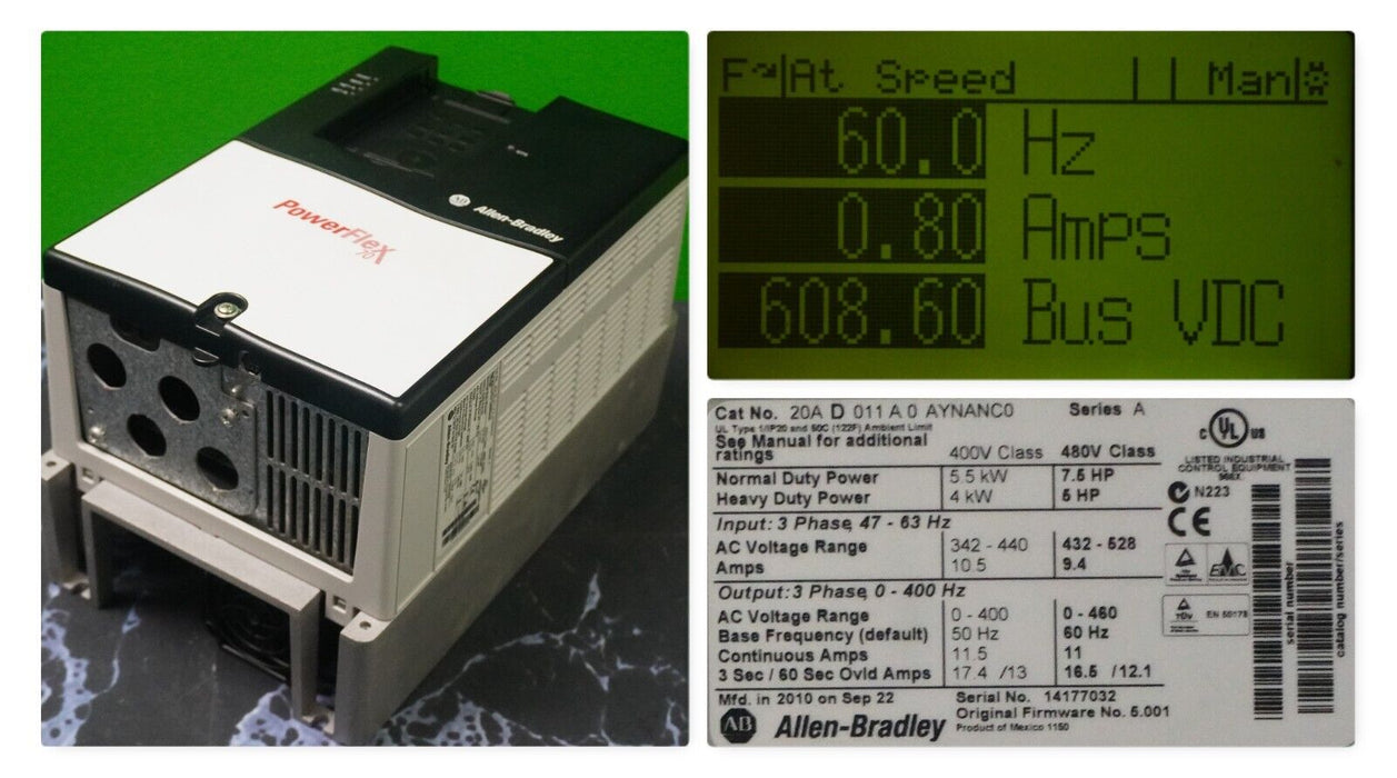 Low Hr Allen-Bradley PowerFlex 70 7.5HP 20AD011A0AYNANC0 480VAC Tested FRN:5.001