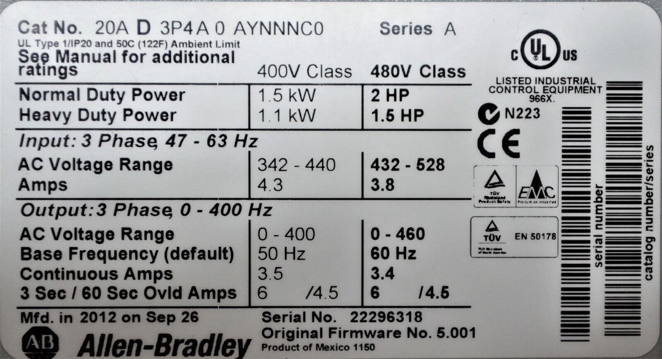 Allen-Bradley PowerFlex70 20AD3P4A0AYNNNC0 2 HP 480 VAC 3.4 AC Drive FRN:5.001