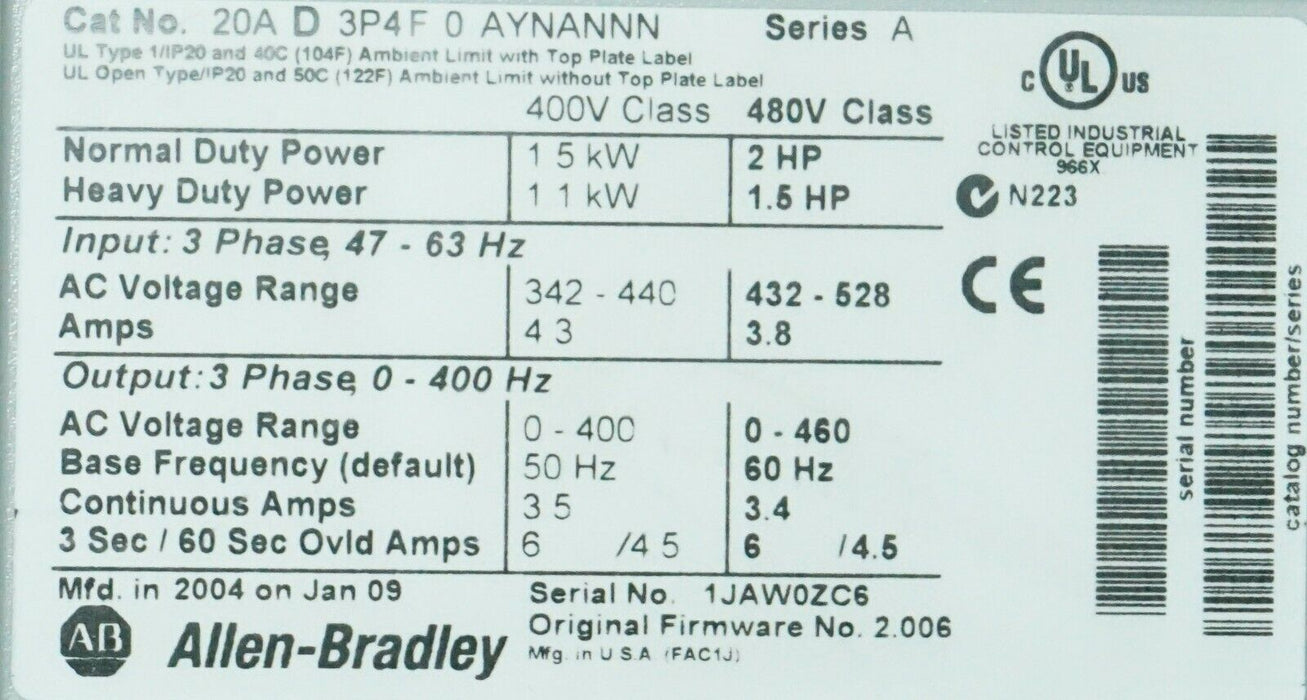 Low Hours Allen Bradley PowerFlex 70 2 HP 20AD3P4F0AYNANNN 480 VAC FRN 2.006