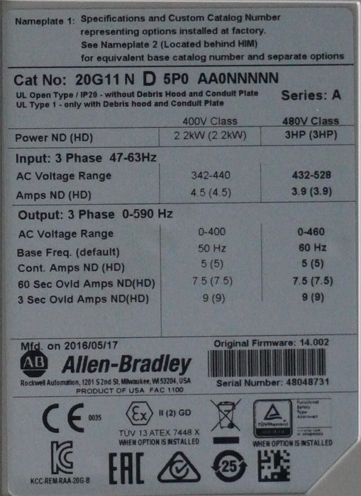 Allen-Bradley 20G11ND5P0AA0NNNNN PowerFlex 755 VFD 3HP Series A FRN:14.002